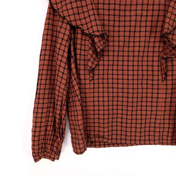 Madewell Ruffle-Front Top in Plaid Size Medium Warren Check Rust Long Sleeve - Picture 14 of 16